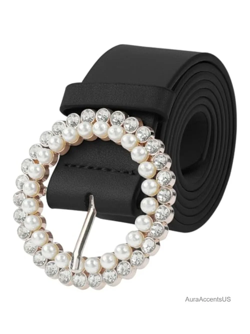 PU Faux Leather Rhinestone Pearl Belt for Dresses Pants